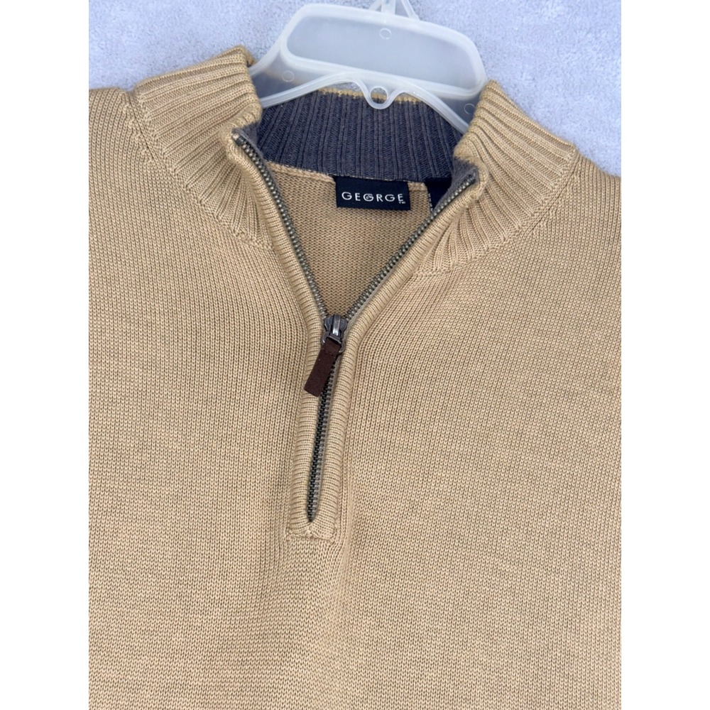 George Mens Small Quarter Zip Sweater Urbane Khaki Tan Charcoal Grey‎ Mock Neck